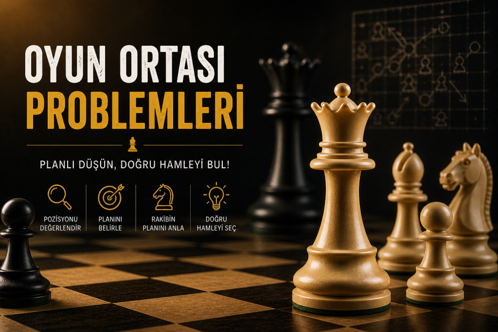 Antalya satranç oyun ortası problemlerini temsil eden vezir odaklı satranç görseli